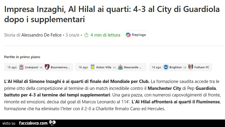 Impresa Inzaghi, al hilal ai quarti: 4-3 al city di guardiola