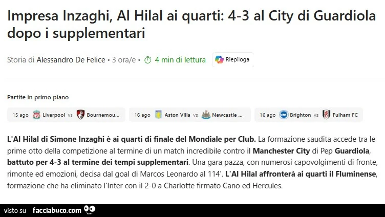 Impresa Inzaghi, al hilal ai quarti: 4-3 al city di guardiola