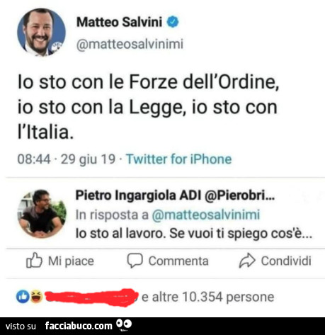 Matteo Salvini: io sto con le forze dell'ordine, io sto con la legge, io sto con l'italia. Io sto al lavoro. Se vuoi ti spiego cos'è