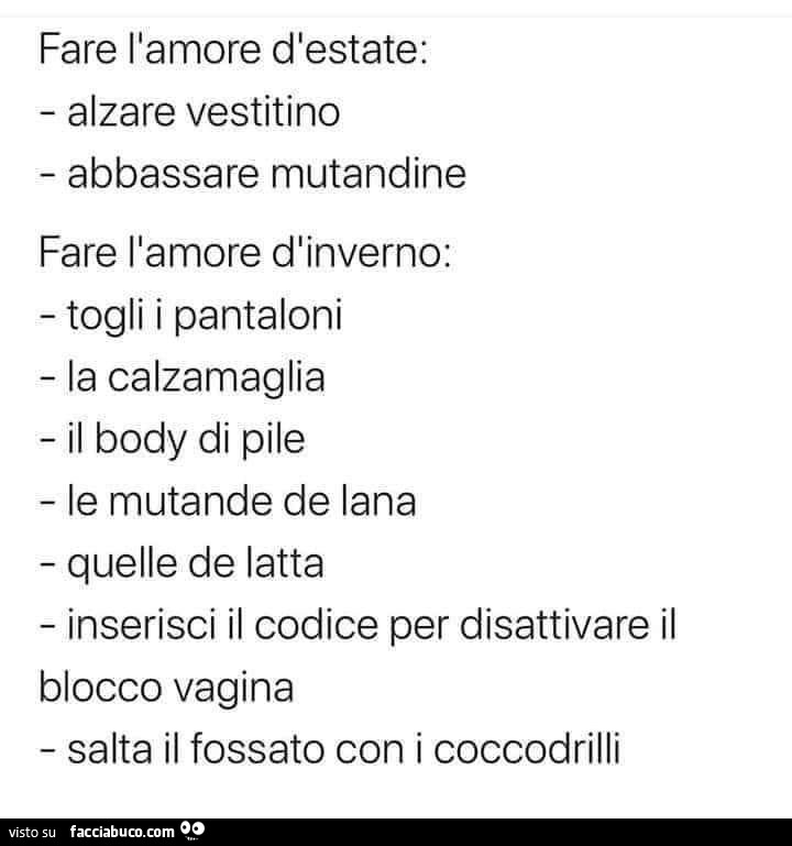 Fare d'estate: alzare vestitino abbassare mutandine fare l'amore d'inverno: togli i pantaloni la calzamaglia il body di pile le mutande de lana quelle de latta