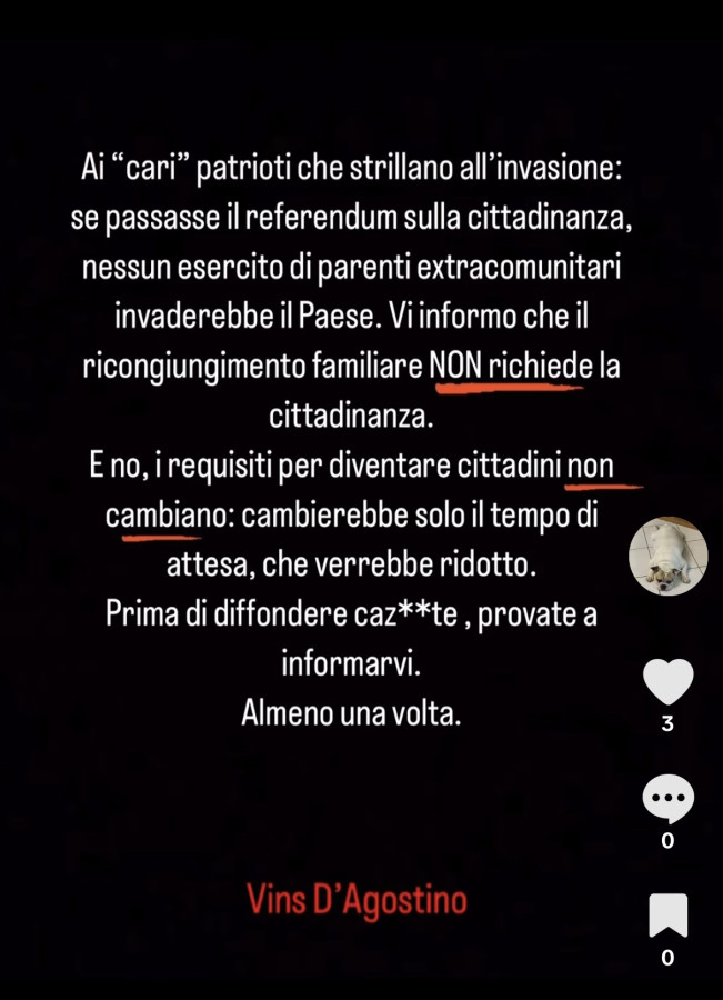 Ai cari patrioti che strillano all'invasione: se passasse il referendum sulla cittadinanza, nessun esercito di parenti extracomunitari invaderebbe il paese