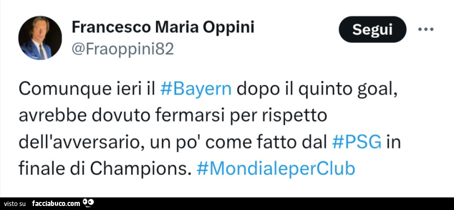 Comunque ieri il bayern dopo il quinto goal, avrebbe dovuto fermarsi per rispetto dell'avversario, un po' come fatto dal psg in finale di champions