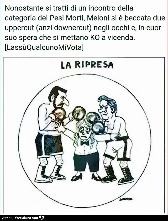 Nonostante si tratti di un incontro della categoria dei pesi morti, meloni si è beccata due uppercut anzi downercut negli occhi
