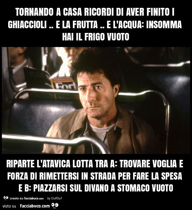 Tornando a casa ricordi di aver finito i ghiaccioli. E la frutta. E l'acqua: insomma hai il frigo vuoto riparte l'atavica lotta tra a: trovare voglia e forza di rimettersi in strada per fare la spesa e b: piazzarsi sul divano a stomaco vuoto