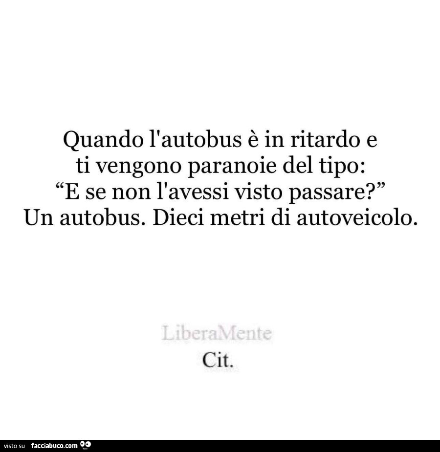 Quando l'autobus è in ritardo e ti vengono paranoie del tipo: e se non l'avessi visto passare? Un autobus. Dieci metri di autoveicolo