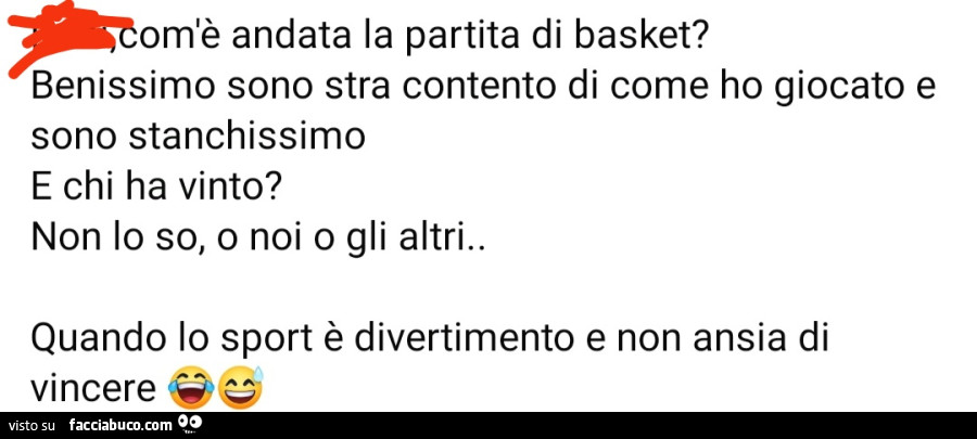 Com'è andata la partita di basket? Benissimo sono stra contento di come ho giocato e sono stanchissimo. E chi ha vinto? Non lo so, o noi o gli altri. Quando lo sport è divertimento e non ansia di vincere