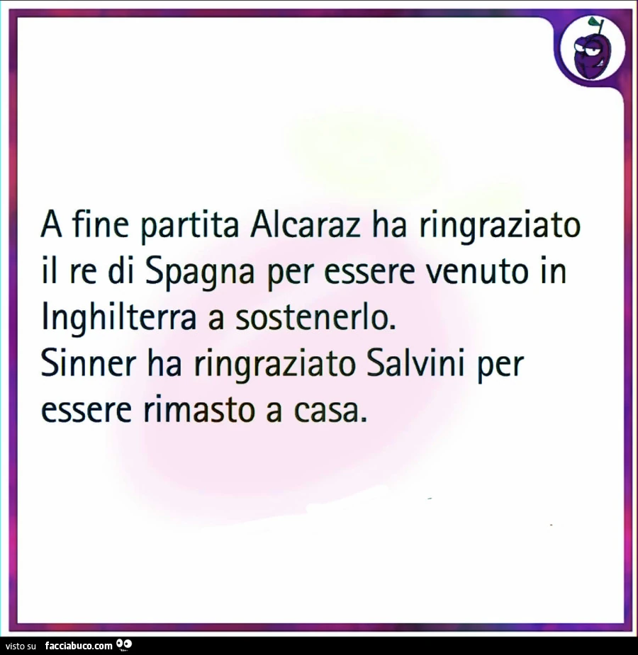 A fine partita alcaraz ha ringraziato il re di spagna per essere venuto in inghilterra a sostenerlo. Sinner ha ringraziato Salvini per essere rimasto a casa