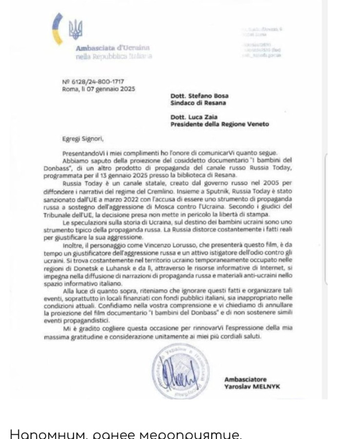 Lettera ambasciata ucraina