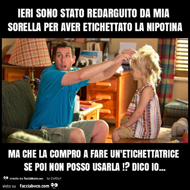 Ieri sono stato redarguito da mia sorella per aver etichettato la nipotina ma che la compro a fare un'etichettatrice se poi non posso usarla!? Dico io