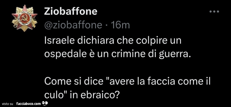 Israele dichiara che colpire un ospedale è un crimine di guerra. Come si dice avere la faccia come il culo in ebraico?
