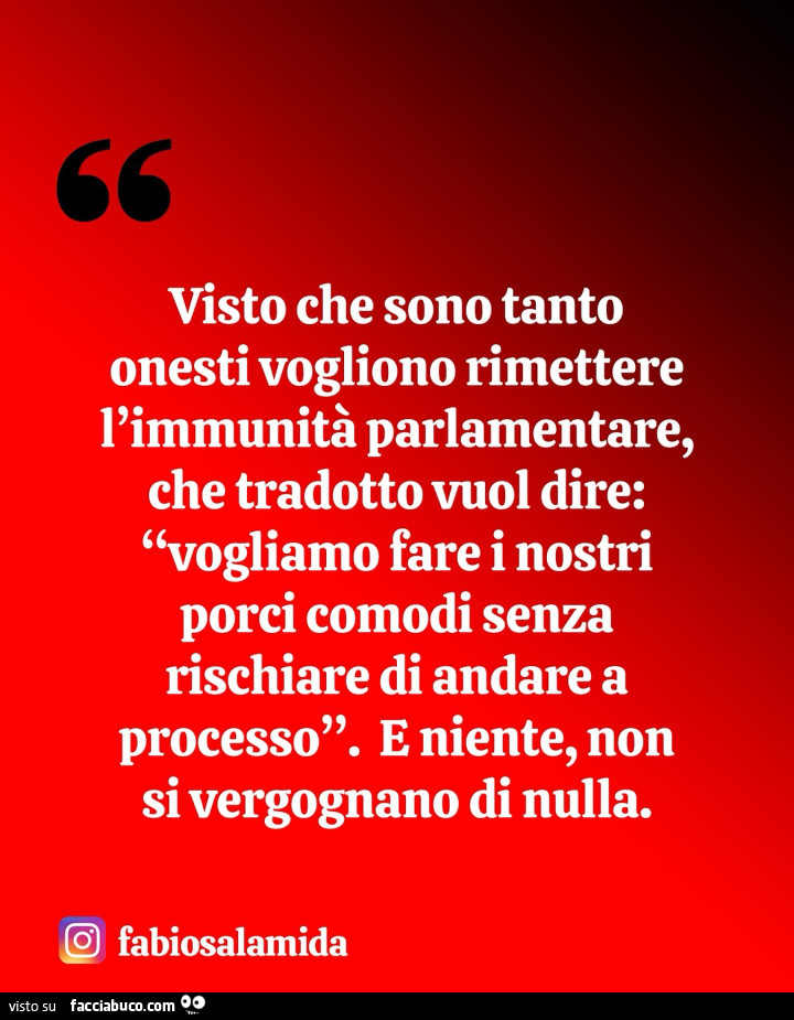 Visto che sono tanto onesti vogliono rimettere l'immunità parlamentare, che tradotto vuol dire: vogliamo fare i nostri porci comodi senza rischiare di andare a processo