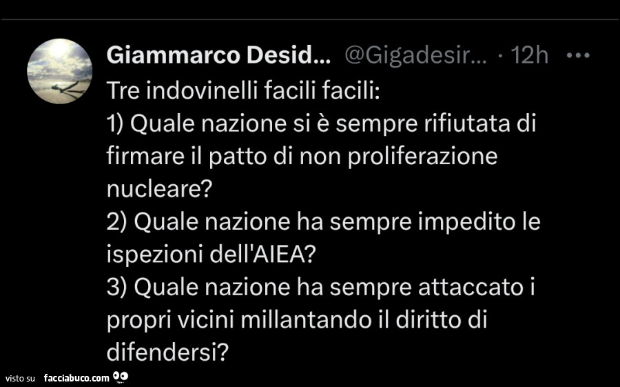 Tre indovinelli facili facili: 1 quale nazione si è sempre rifiutata di firmare il patto di non proliferazione nucleare?