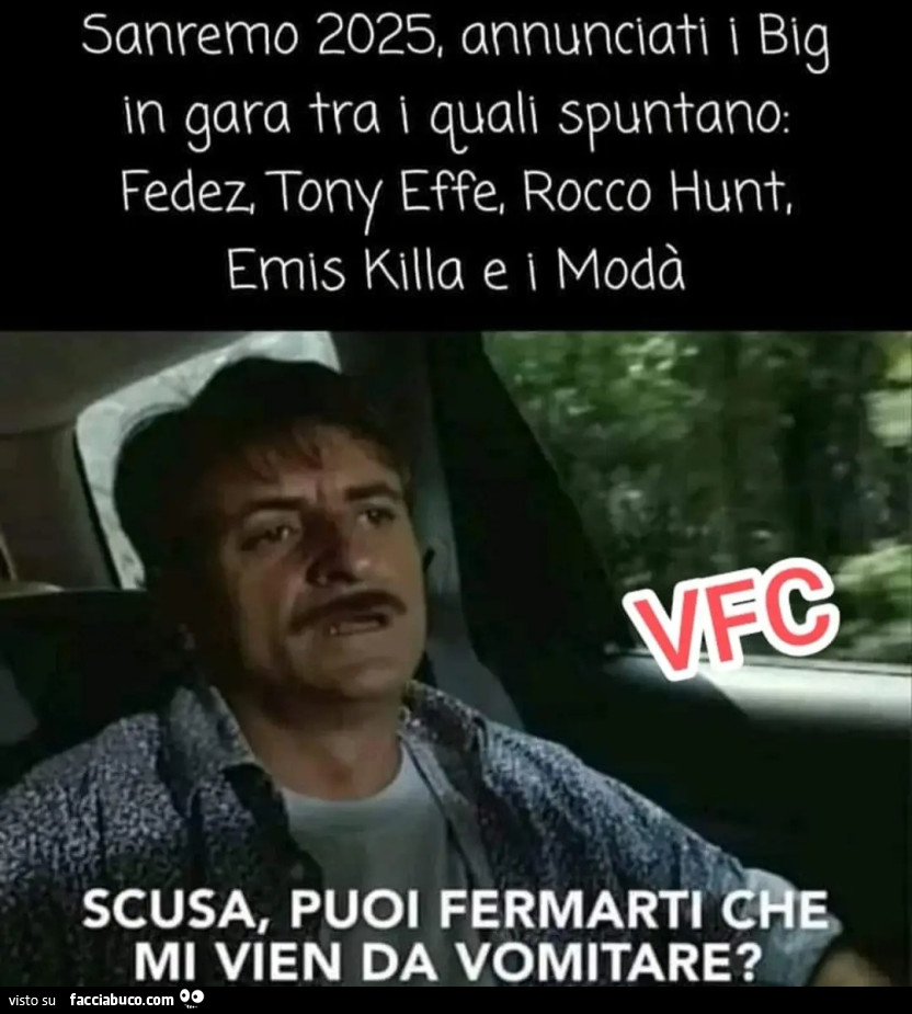 Sanremo 2025 annunciati i big in gara tra i quali spuntano fedez tony effe rocco hunt emis killer e i modà scusa puoi fermarti che mi viene da vomitare