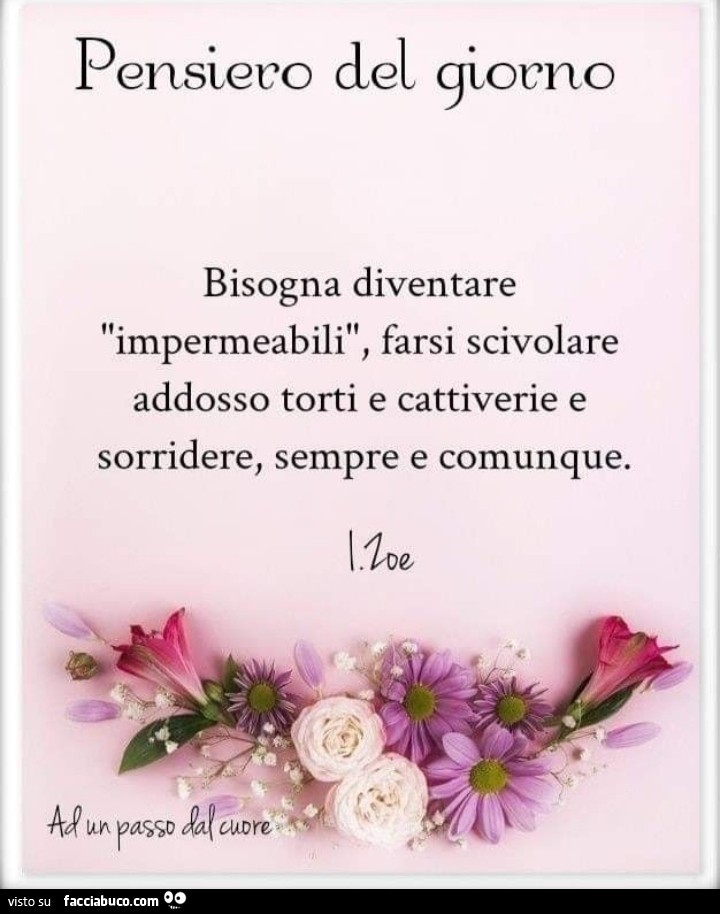 Pensiero del giorno. Bisogna diventare impermeabili, farsi scivolare addosso torti e cattiverie e sorridere, sempre e comunque