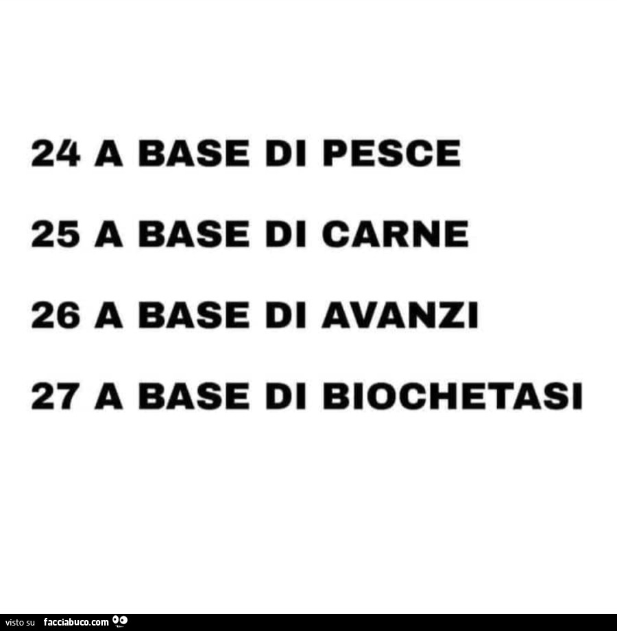 24 a base di pesce 25 a base di carne 26 a base di avanzi 27 a base di biochetasi