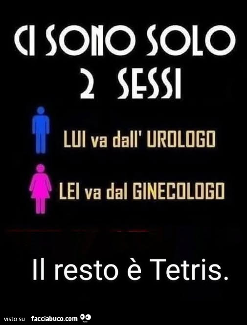 Ci sono solo 2 sessi. Lui va dall'urologo lei va dal ginecologo il resto è tetris