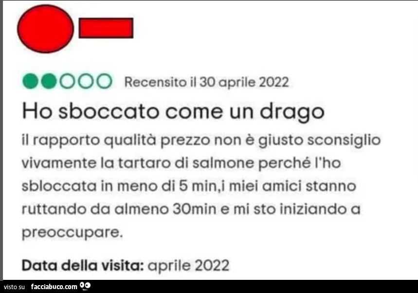 Ho sboccato come un drago. Il rapporto qualità prezzo non è giusto sconsiglio vivamente la tartaro di salmone perché l'ho sbloccata in meno di 5 min, i miei amici stanno ruttando da almeno 30min e mi sto iniziando a preoccupare