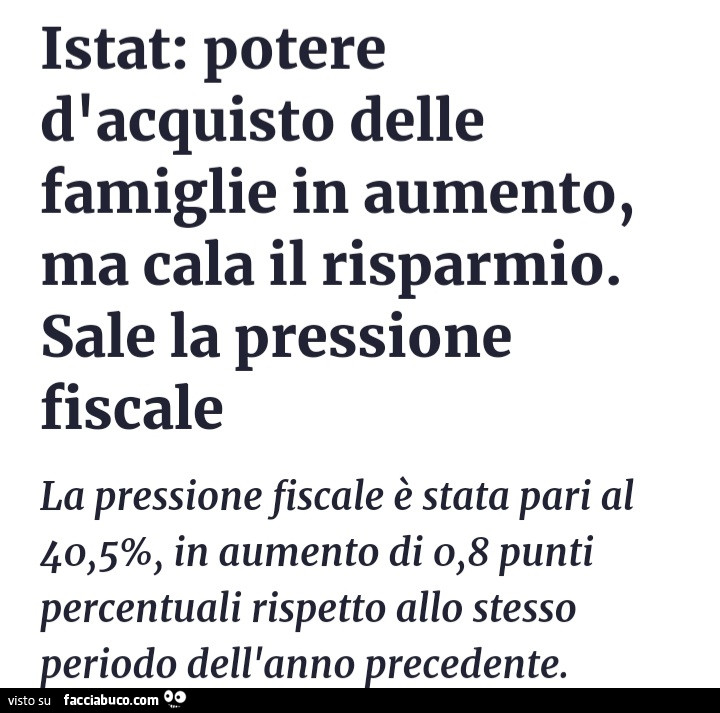 Istat: potere d'acquisto delle famiglie in aumento, ma cala il risparmio. Sale la pressione fiscale