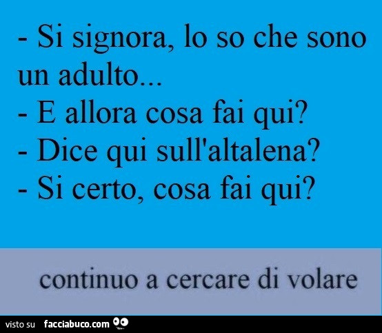 Si signora, lo so che sono un adulto… e allora cosa fai qui? Dice qui sull'altalena? Si certo, cosa fai qui? Continuo a cercare di volare