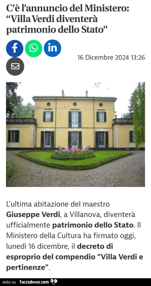 Villa Verdi patrimonio dello stato