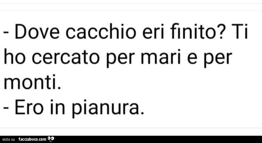 Dove cacchio eri finito? Ti ho cercato per mari e per monti. Ero in pianura