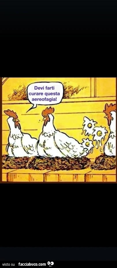 Vignetta con galline che depongono uova ed una soffre di aerofagia
