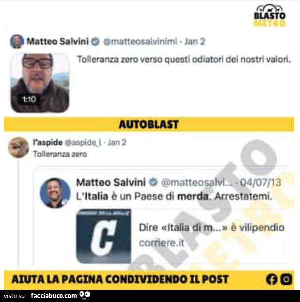 Tolleranza zero verso questi odiatori dei nostri valori. Matteo Salvini l'italia è un paese di merda. Arrestatemi