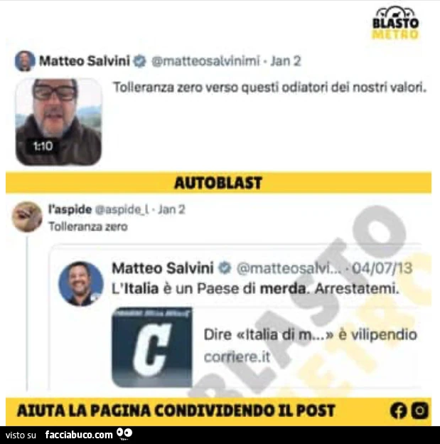 Tolleranza zero verso questi odiatori dei nostri valori. Matteo Salvini l'italia รจ un paese di merda. Arrestatemi