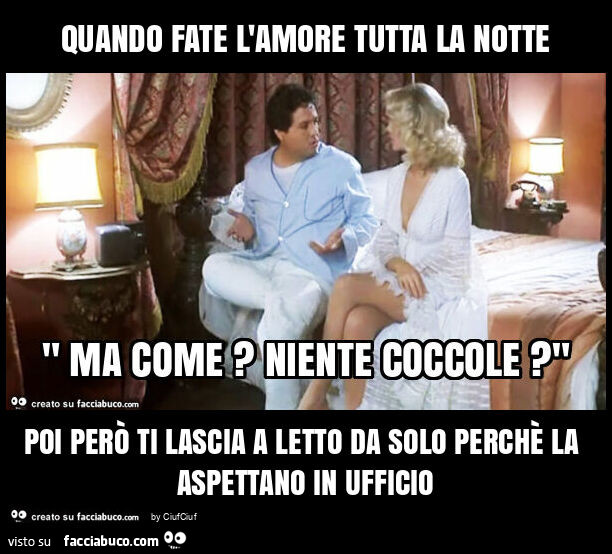 Quando fate l'amore tutta la notte poi però ti lascia a letto da solo perchè la aspettano in ufficio