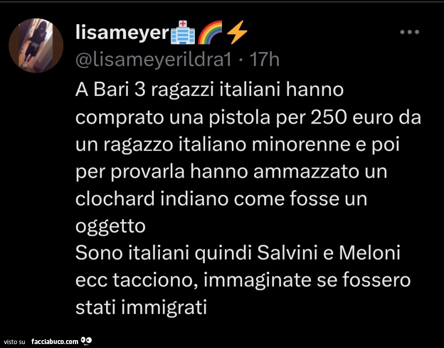 A bari 3 ragazzi italiani hanno comprato una pistola per 250 euro da un ragazzo italiano minorenne e poi per provarla hanno ammazzato un clochard indiano come fosse un oggetto