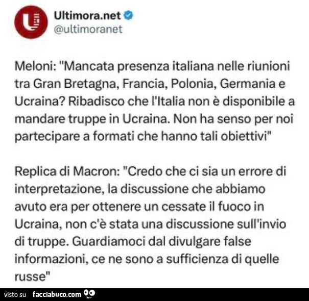 Meloni: mancata presenza italiana nelle riunioni tra gran bretagna, francia, polonia, germania e ucraina? Ribadisco che l'italia Non è disponibile a mandare truppe in ucraina