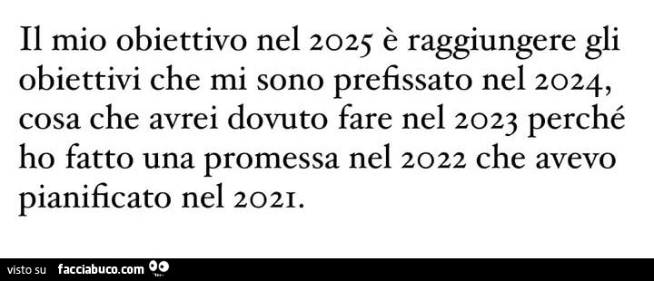 Il mio obiettivo nel 2025 è raggiungere gli obiettivi che mi sono prefissato nel 2024, cosa che avrei dovuto fare nel 2023 perché ho fatto una promessa nel 2022 che avevo pianificato nel 2021