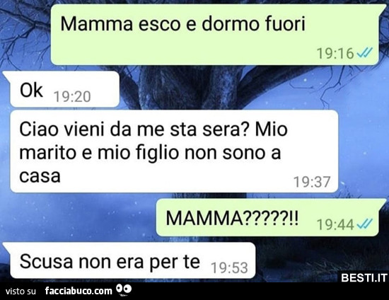 Mamma esco e dormo fuori. Ciao vieni da me sta sera? Mio marito e mio figlio non sono a casa. Mamma?! Scusa non era per te