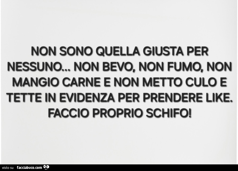 Non sono quella giusta per nessuno… non bevo, non fumo, non mangio carne e non metto culo e tette in evidenza per prendere like. Faccio proprio schifo