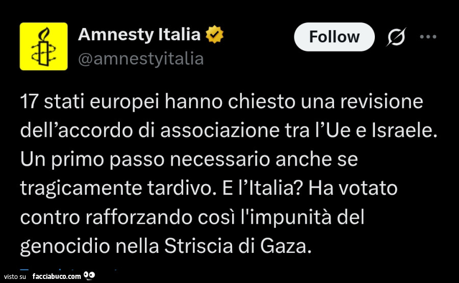 17 stati europei hanno chiesto una revisione dell'accordo di associazione tra l'ue e israele. Un primo passo necessario anche se tragicamente tardivo. E l'italia? Ha votato contro rafforzando così l'impunità del genocidio nella strisci