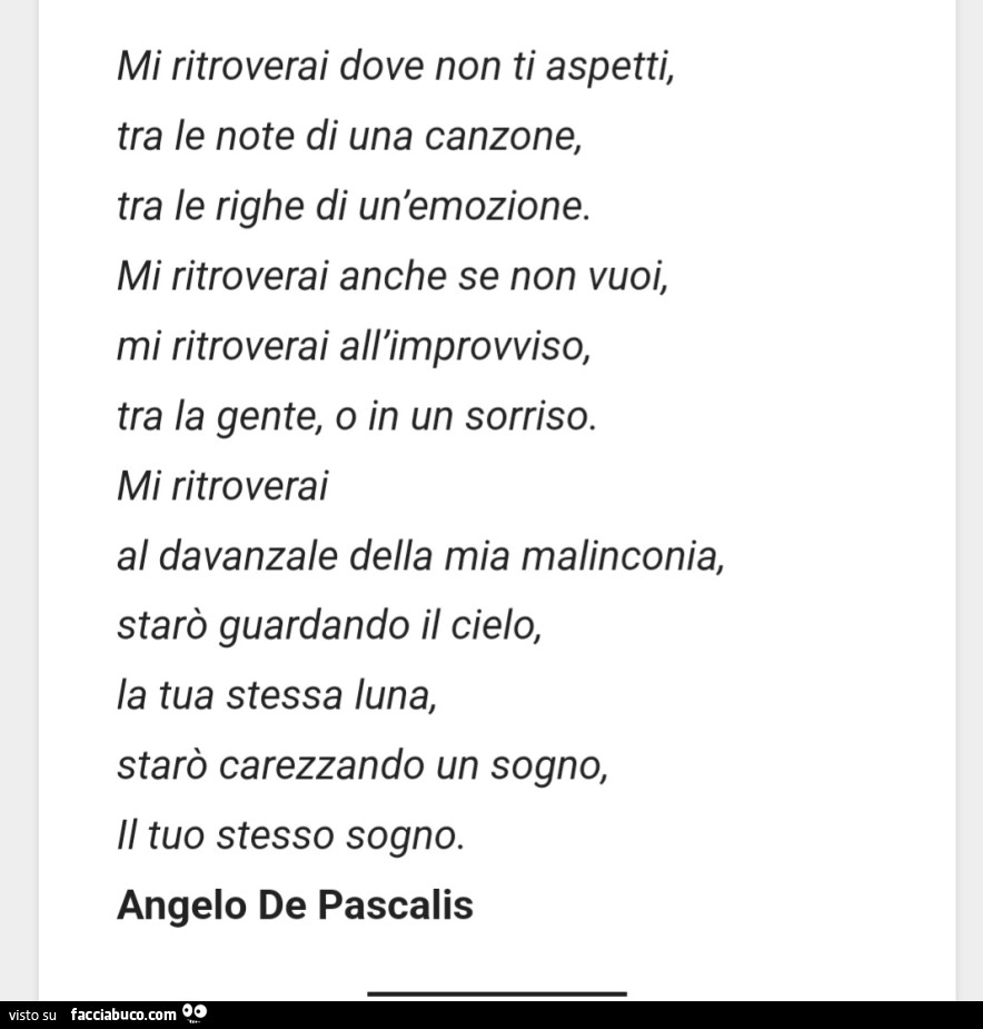 Mi ritroverai dove non ti aspetti, tra le note di una canzone, tra le righe di un'emozione. Mi ritroverai anche se non vuoi, mi ritroverai all'improvviso, tra la gente, o in un sorriso