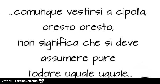 Comunque vestirsi a cipolla, onesto onesto, non significa che si deve assumere pure l'odore uguale uguale
