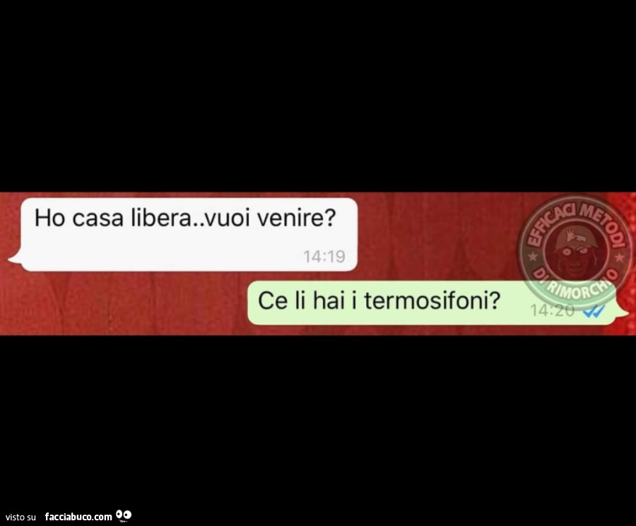 Ho casa libera. Vuoi venire? Ce li hai i termosifoni?