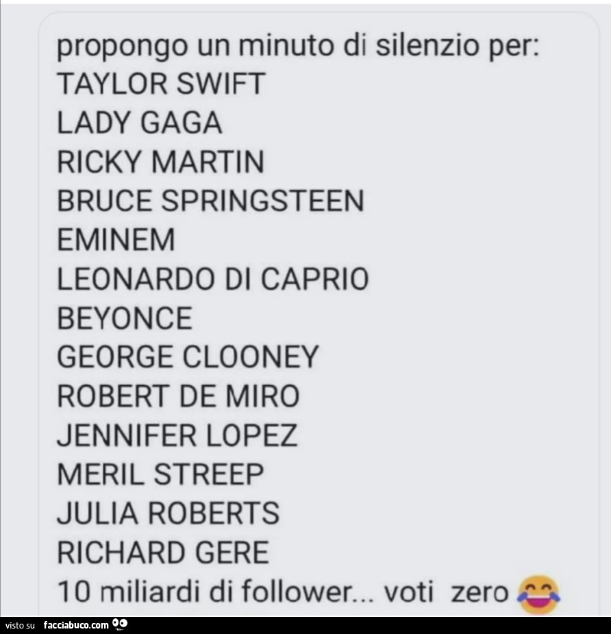 Propongo un minuto di silenzio per: taylor swift lady gaga ricky martin bruce springsteen eminem leonardo di caprio beyonce george clooney robert de miro jennifer lopez meril streep julia roberts richard gere 10 miliardi di follower… voti zero