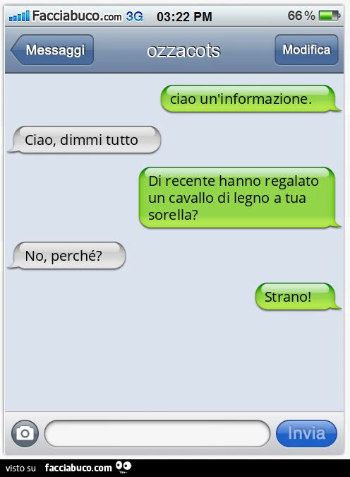 Ciao un'informazione. Ciao, dimmi tutto. Di recente hanno regalato un cavallo di legno a tua sorella? No, perché? Strano