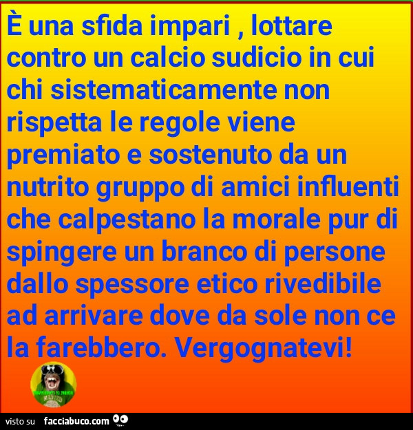 Lottare contro un calcio sudicio in cui chi sistematicamente non rispetta le regole viene premiato e sostenuto da un nutrito gruppo di amici influenti che calpestano la morale pur di spingere un branco di persone dallo spessore etico rivedibile ad arrivar