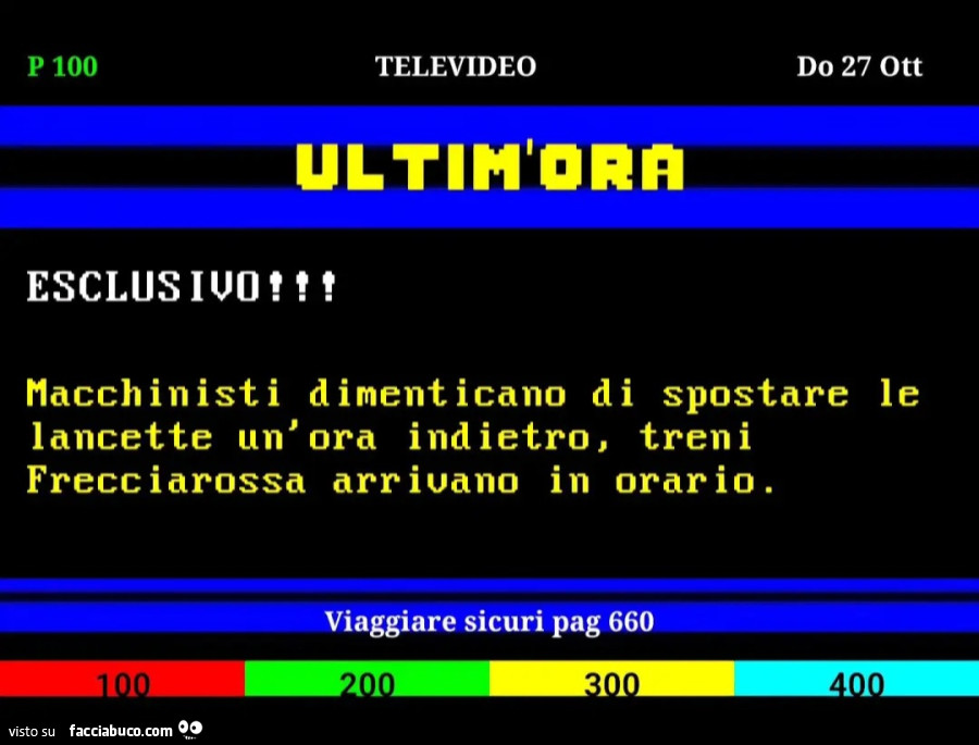 Televideo ultim'ora esclusivo macchinisti dimenticano di spostare le lancette un'ora indietro treni frecciarossa arrivano in orario