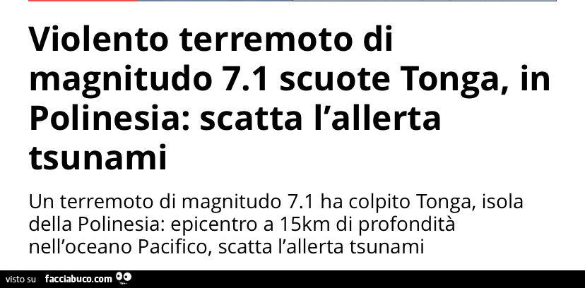 Violento terremoto di magnitudo 7.1 scuote tonga, in polinesia: scatta l'allerta tsunami