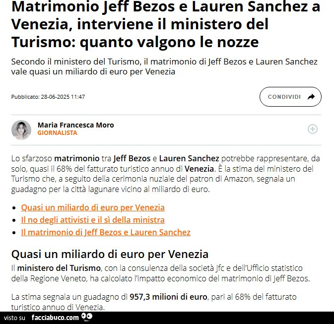Matrimonio Jeff Bezos e Lauren Sanchez a Venezia, interviene il ministero del turismo: quanto valgono le nozze secondo il ministero del turismo
