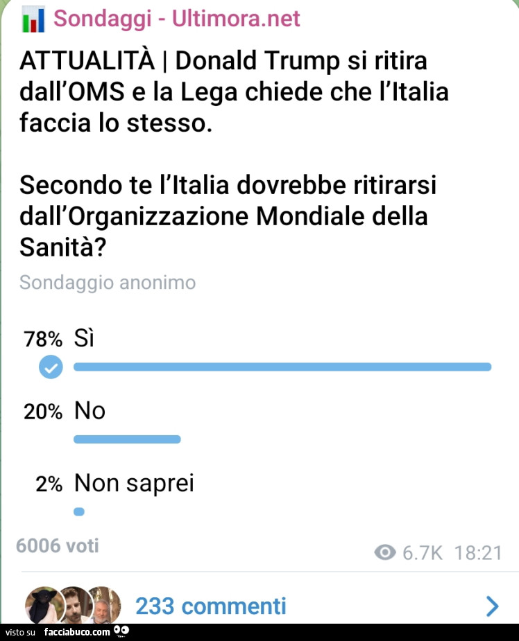 Donald trump si ritira dall'oms e la lega chiede che l'italia faccia lo stesso. Secondo te l'italia dovrebbe ritirarsi dall'organizzazione mondiale della sanità?