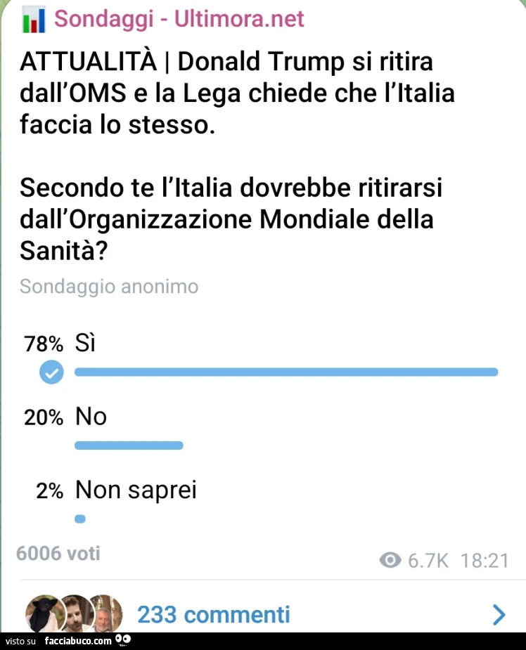 Donald trump si ritira dall'oms e la lega chiede che l'italia faccia lo stesso. Secondo te l'italia dovrebbe ritirarsi dall'organizzazione mondiale della sanità?