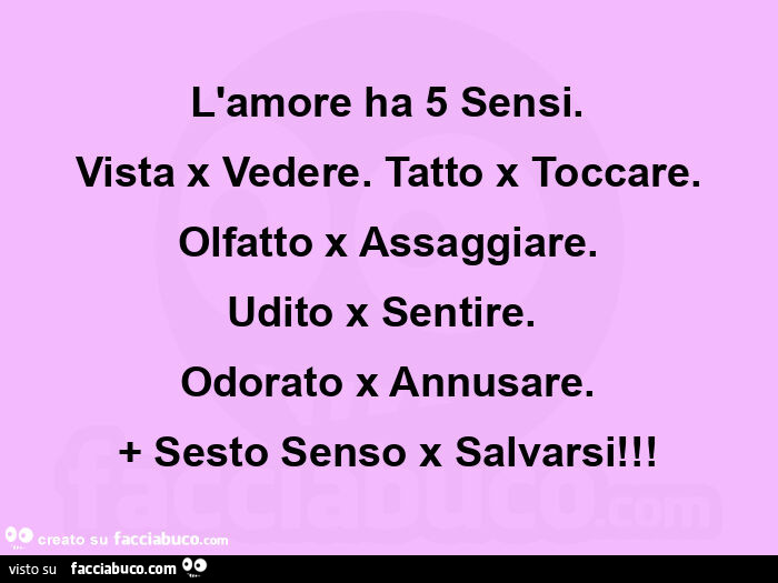 L'amore ha 5 sensi. Vista x vedere.  Tatto x toccare. Olfatto x assaggiare. Udito x sentire.   Odorato x annusare. + Sesto senso x salvarsi