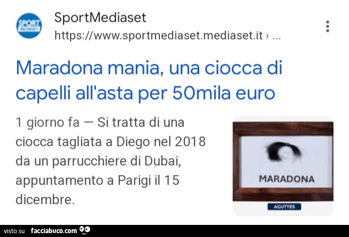 Maradona mania, una ciocca di capelli all'asta per 50mila euro