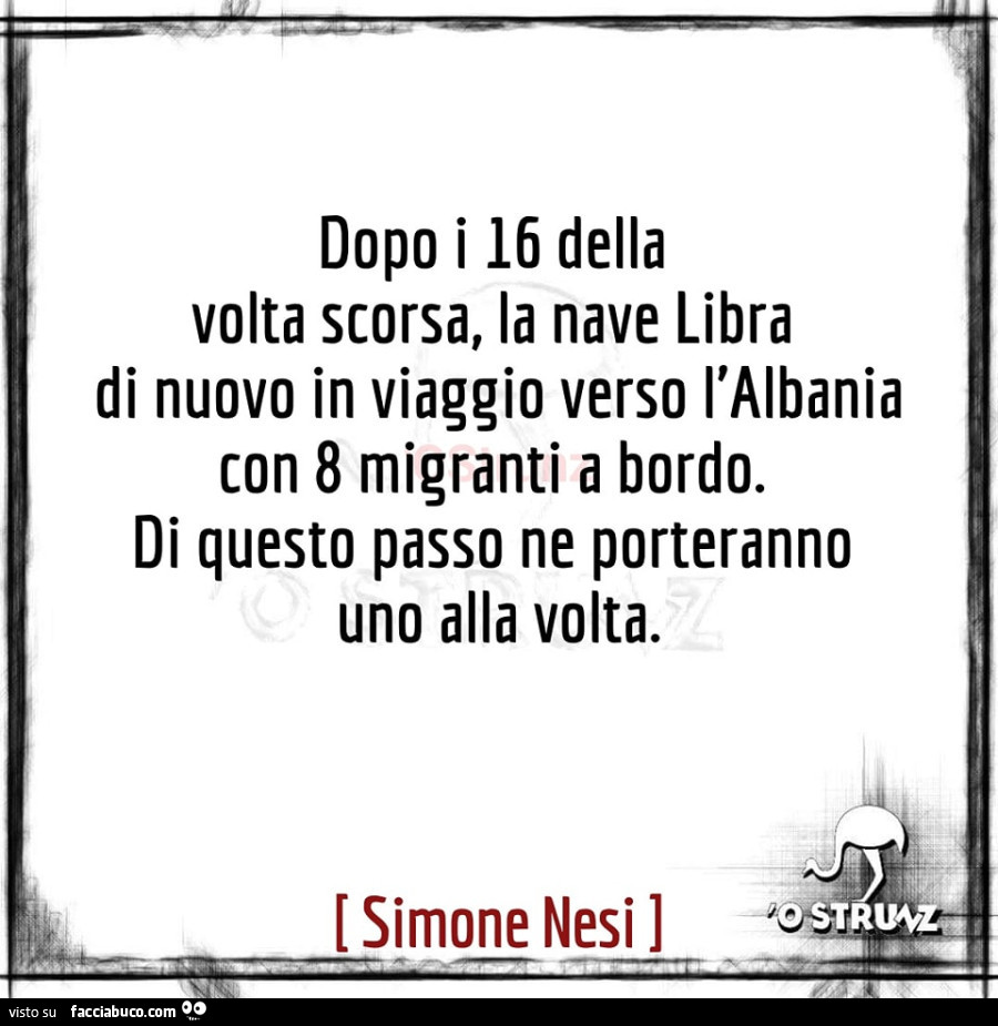 Dopo i 16 della volta scorsa, la nave libra di nuovo in viaggio verso l'albania con 8 migranti a bordo. Di questo passo ne porteranno uno alla volta