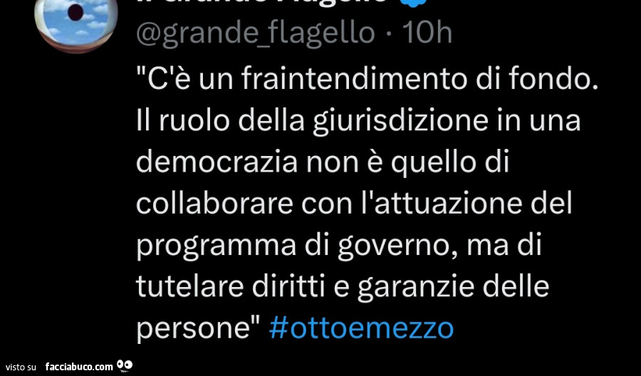 C'è un fraintendimento di fondo. Il ruolo della giurisdizione in una democrazia non è quello di collaborare con l'attuazione del programma di governo, ma di tutelare diritti e garanzie delle persone